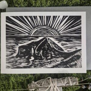 Linocut Card - Flamborough Drinking Dinosaur