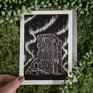 Linocut Card- Scarborough Castle, Northern Lights
