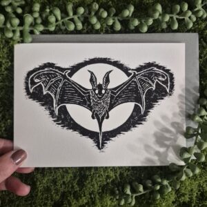 Linocut Card- Bat Flight At Full Moon